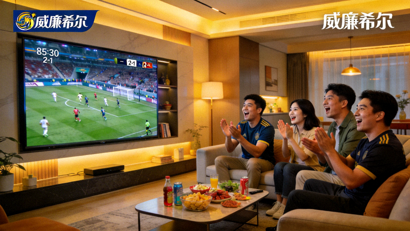 中国球迷在现代化客厅通过大屏幕观看威廉希尔提供的高清足球直播